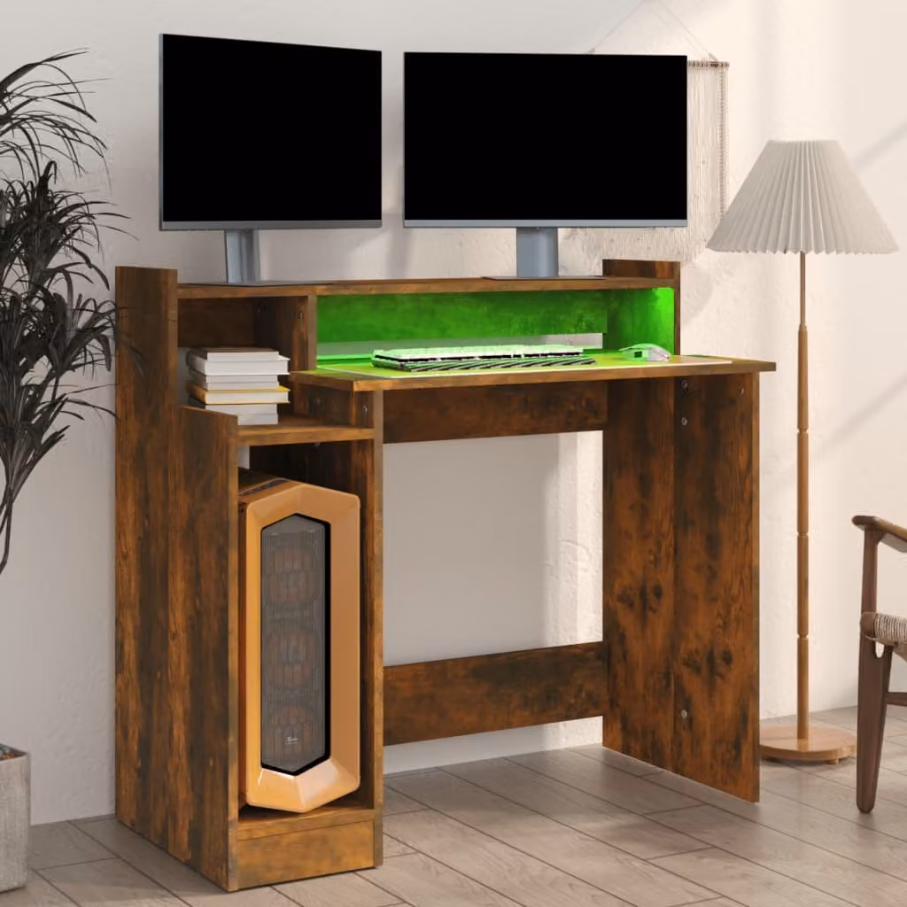 The Living Store Scrivania con LED rovere fumé 97x45x90 cm Materiale in legno