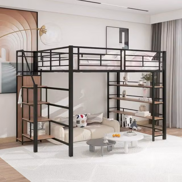 Letto a soppalco matrimoniale 140 × 200 cm, scala con cassetti, guardaroba e ripiani, senza materasso, nero