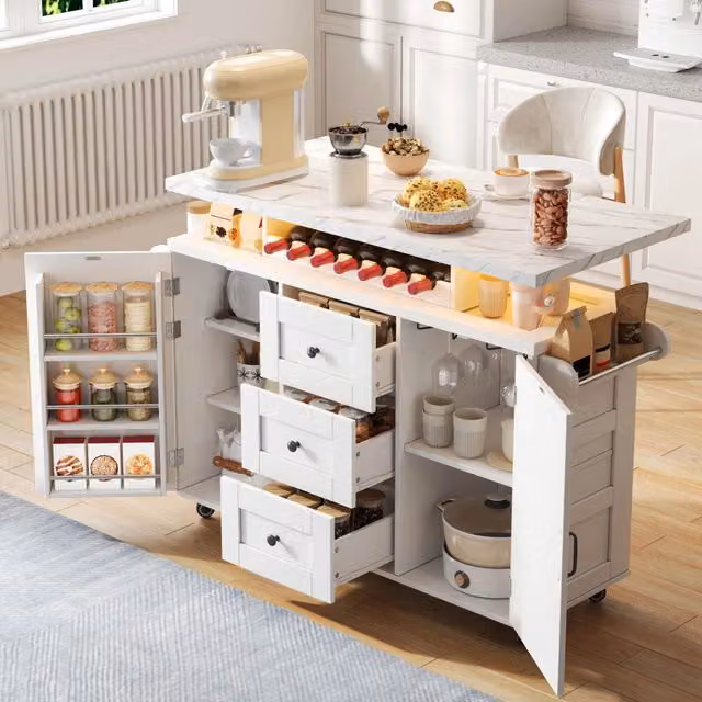 Isola cucina mobile bianca in MDF con piano ribaltabile; 5 ruote; portabottiglie e portabicchieri; 138 x 60 x 93 cm