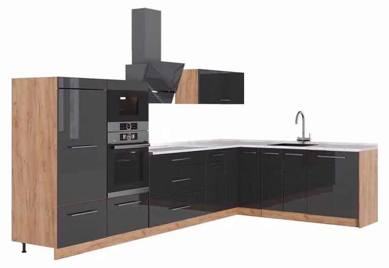 Cucina angolare completa Vicco Fame-Line Grigio scuro/Rovere dorato 347 x 207 cm, PL Marmo, Model 63599