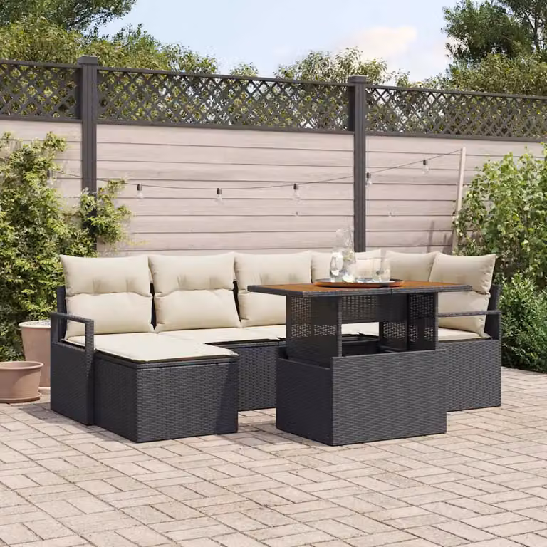 Set da pranzo da giardino vidaXL in rattan e metallo con cuscini, 7 pezzi, Nero e Beige