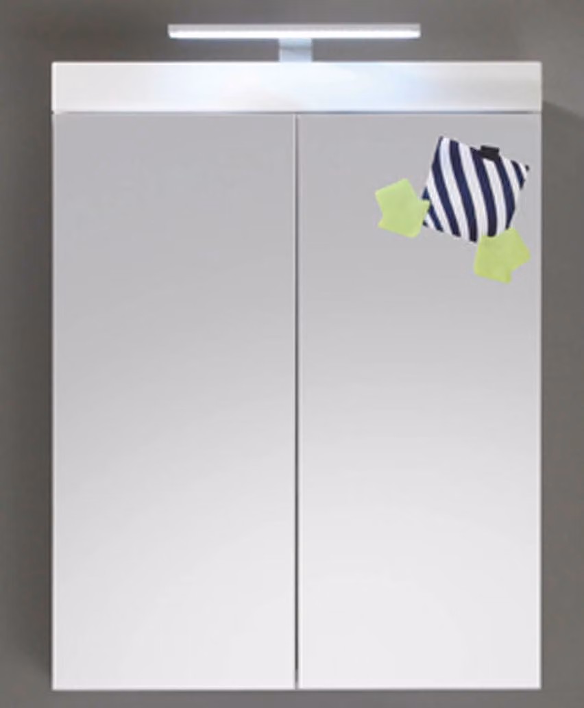 Mobiletto da bagno con specchio AmandaMandoBea con luce, 2 ante, bianco lucido.