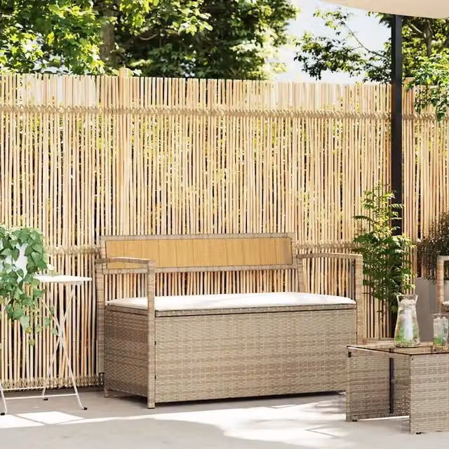 Panca portaoggetti da giardino vidaXL in polyrattan con cuscini beige e bianchi L: 111,5 cm, P: 54,0 cm, H: 74,0 cm – 1