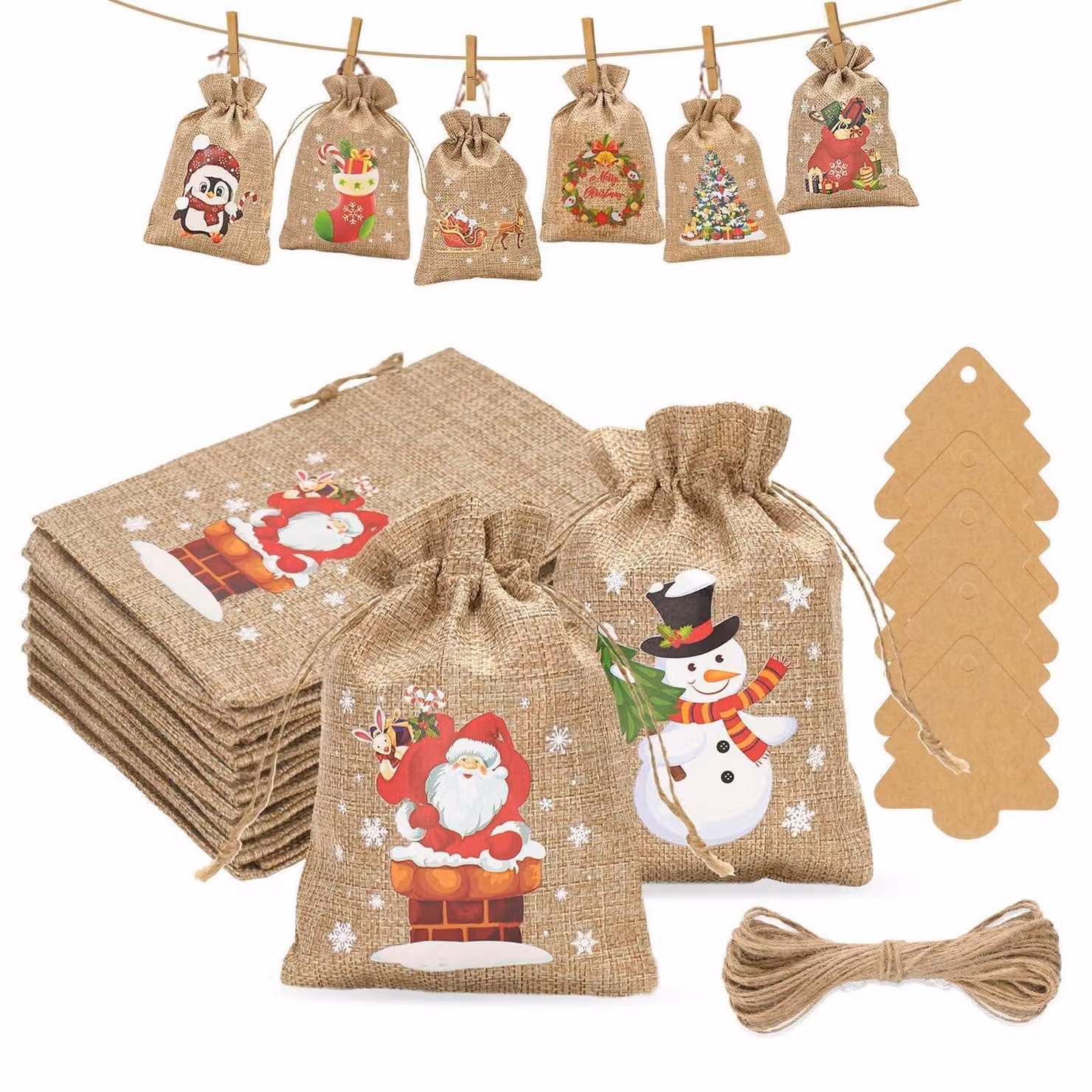 Calendario dell'Avvento con 24 sacchetti di iuta, dimensioni 10 x 15 cm, con decorazioni a forma di albero