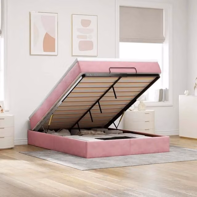 Letto con contenitore a sollevamento e materasso vidaXL in velluto rosa e bianco L/P: 140 x 200 cm
