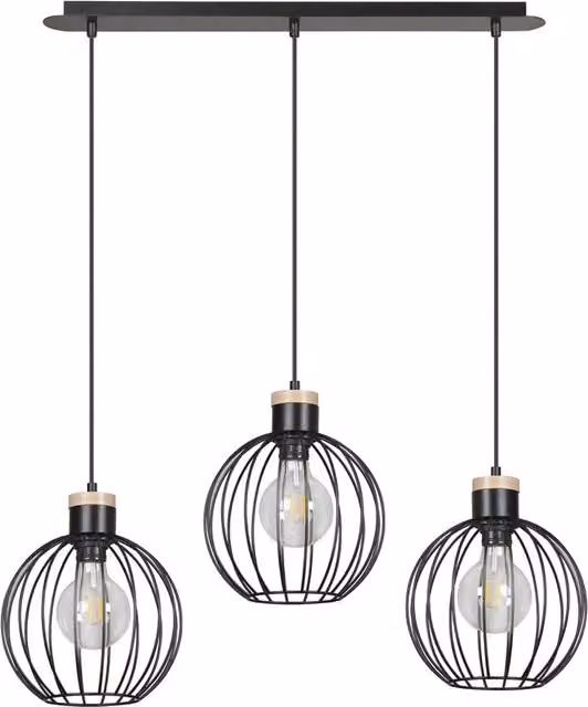 Lampadario a soffitto Luceart-Classic Bueno con 3 luci, paralumi a gabbia in metallo nero e legno naturale, stile industriale – 1