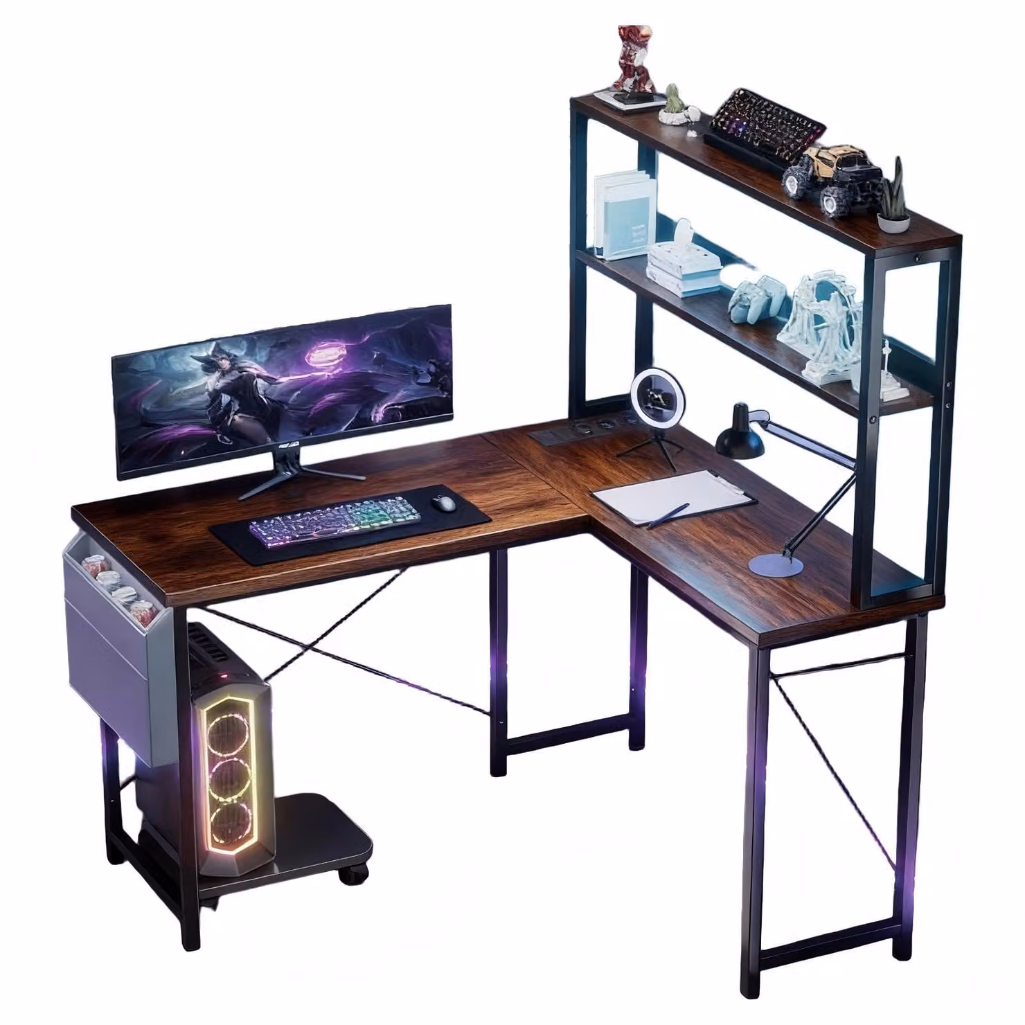 AIORBER Scrivania da gioco a forma di L 148 cm con illuminazione a LED, porte USB, scrivania angolare per computer, scrivania da ufficio con scaffale e contenitore Marrone