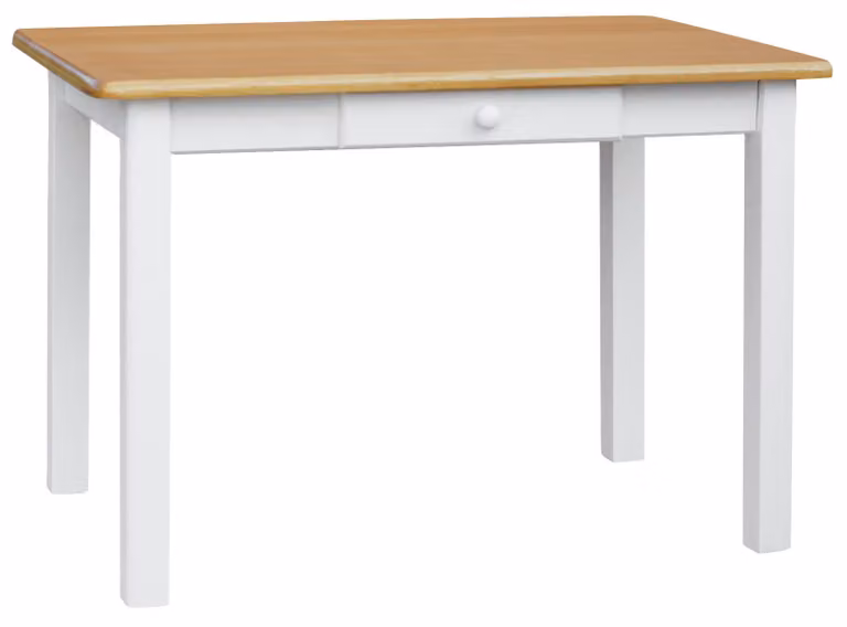 Tavolo bianco con cassetto in legno di pino massiccio con piano in colore ontano 130 x 70 cm