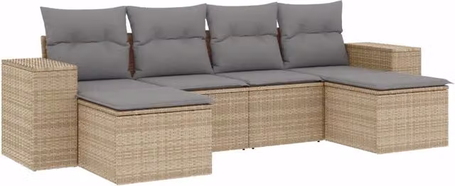 Set Divano da Giardino 6 pz | Set Salotto da Giardino con Cuscini Beige in Polyrattan