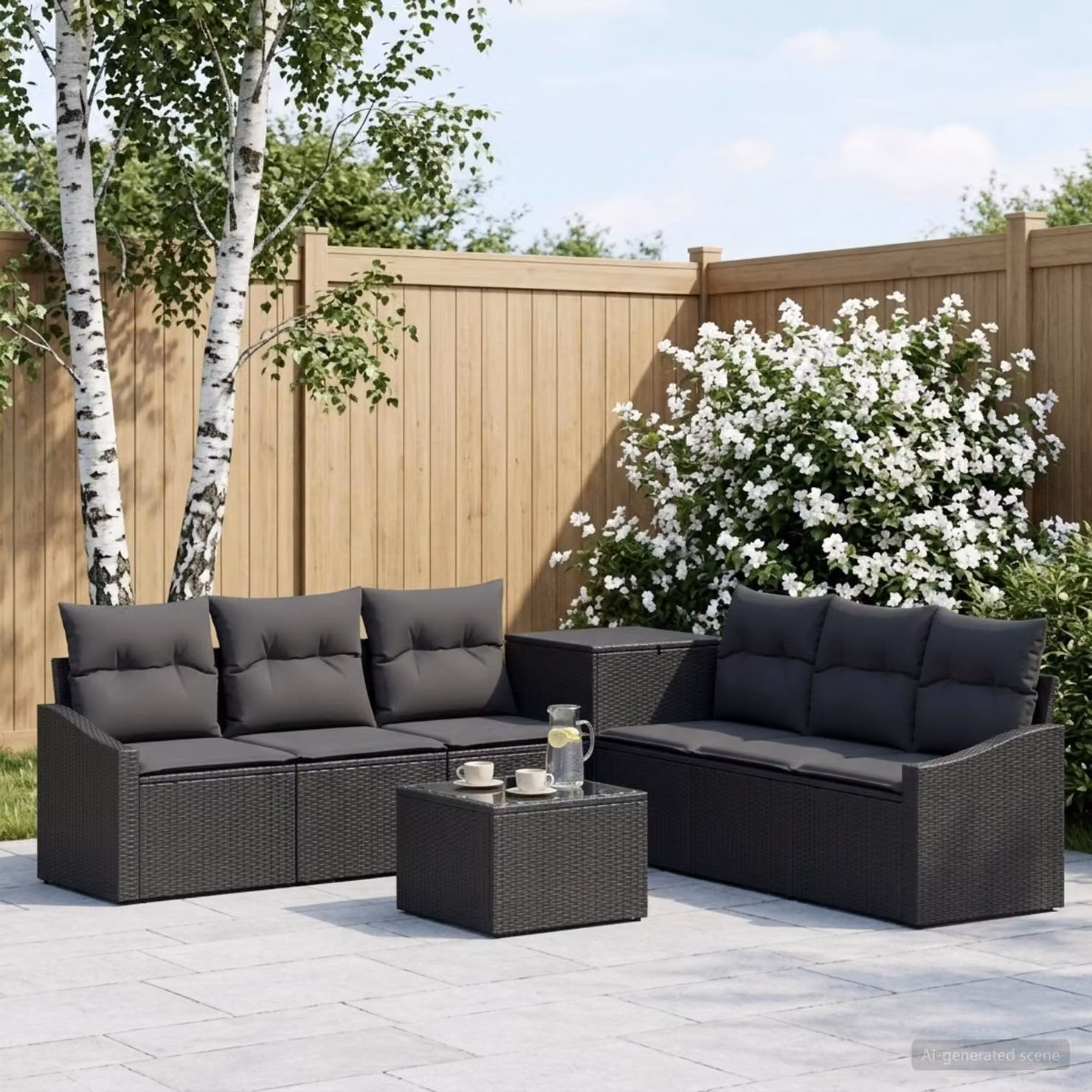 Set da giardino vidaXL composto da 8 pezzi in polyrattan e metallo nero con divani a L, tavolino da caffè e pouf con cuscini inclusi