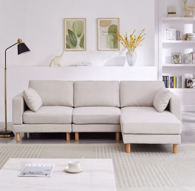 Divano Angolare 3 Posti con Poggiapiedi ¨C MINIMAL ¨C Beige, Tessuto Poliestere, Gambe Massello, 235x152x78 cm