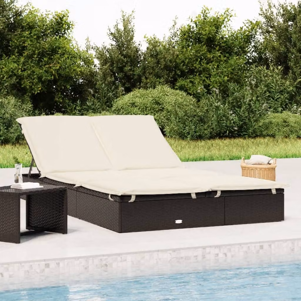 vidaXL Lettino Prendisole per 2 Persone in Polyrattan Nero con Cuscini e Poggiatesta Regolabile
