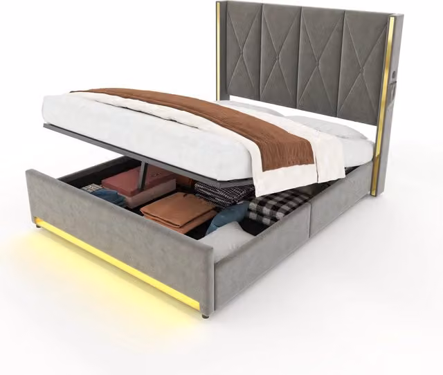 Letto Contenitore Matrimoniale in Velluto Grigio con Porte USB, Luci LED e Ripiani Integrati L/P: 160 x 200 cm – 1