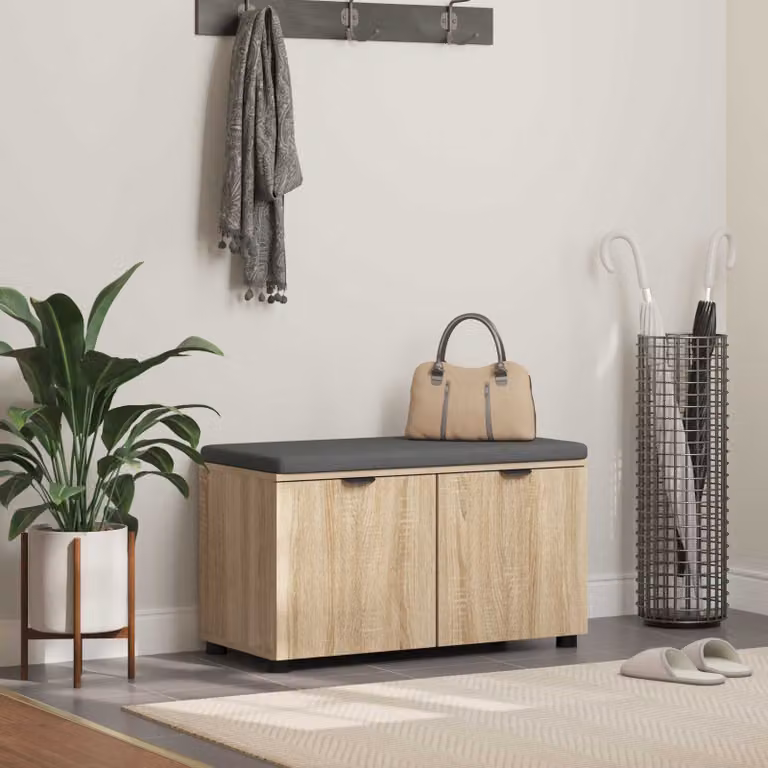Panca per ingresso con scarpiera e cuscino vidaXL in Rovere Sonoma e tessuto grigio, L 80 x P 38 x H 46 cm