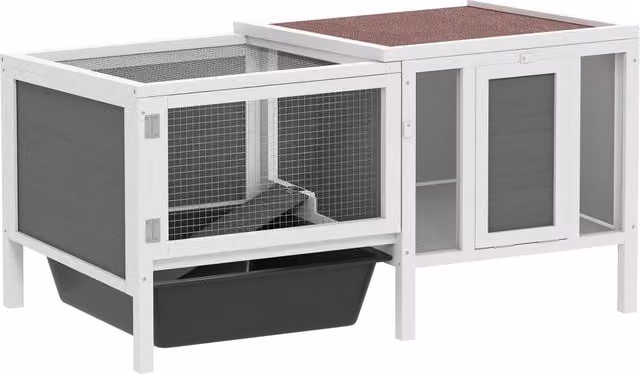 Conigliera da esterno Zephmum con casetta e recinto in legno e metallo grigio e bianco L: 105 cm, P: 57,5 cm, H: 51,5 cm