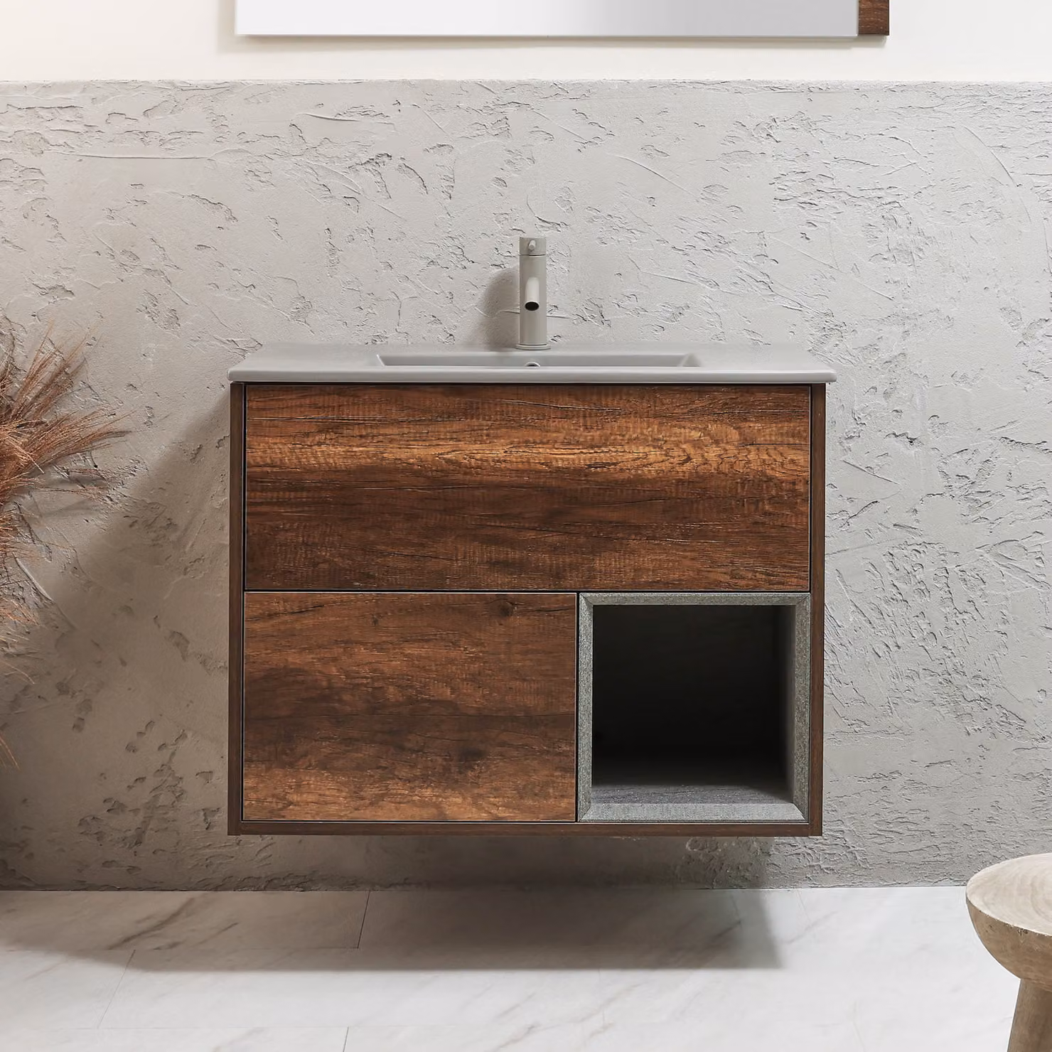 Mobile Bagno Sospeso con Ripiano Aperto in Rovere Scuro da 812mm con Lavabo Grigio (Pebble) - Hoxton