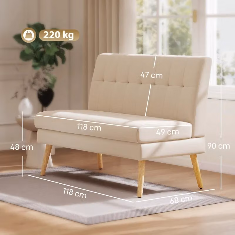 Divano a 2 posti compatto WISHDOR in tessuto beige con schienale capitonné e gambe in legno di gomma L: 118 cm, P: 90 cm, H: 68 cm – 2