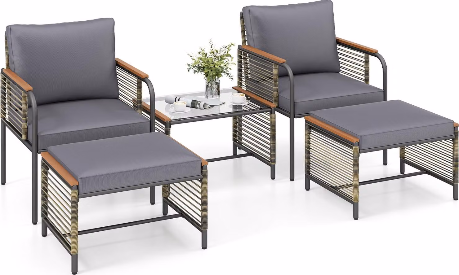 Set di mobili da giardino in polyrattan COSTWAY, set da balcone con 2 sedie con cuscini, sgabello e tavolo, mobili da terrazza, set da giardino, set di sedute grigio