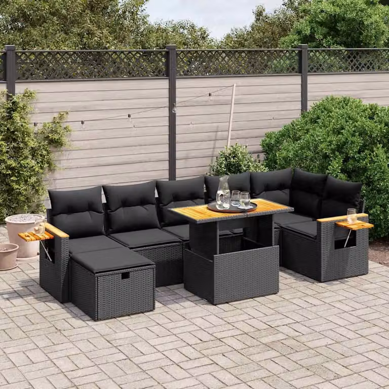 vidaXL Set Divani da Giardino 8 pz in Polyrattan Nero con Cuscini e Tavolino da Esterno