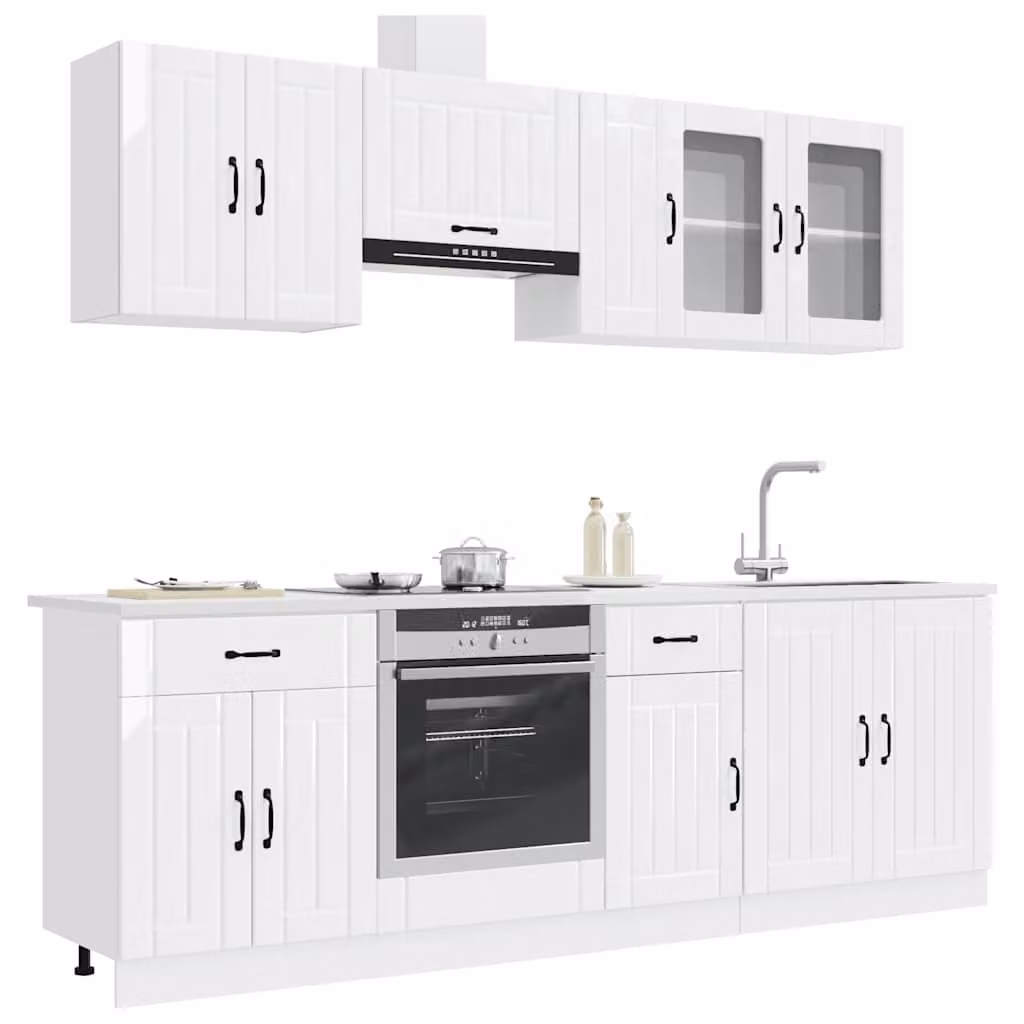 Set di mobili da cucina moderno vidaXL Lucca composto da 8 pezzi in bianco lucido con ante in vetro e legno