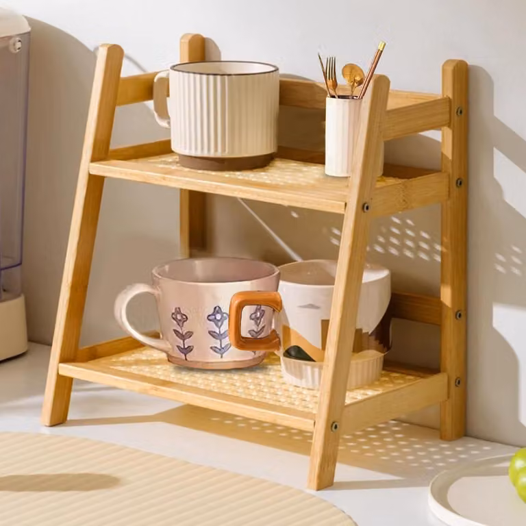Ripiano a 2 livelli per tazze, piano di lavoro in legno, scaffale da cucina, scaffale per spezie, organizer per la conservazione