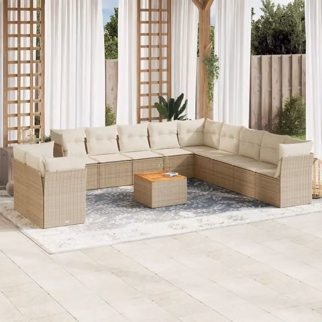 Set di divani da giardino a forma di U vidaXL in polyrattan con cuscini beige e tavolino da esterno