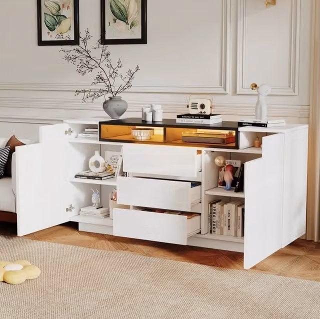 Credenza moderna per soggiorno bianca e nera con finitura lucida e illuminazione a LED integrata L/P/H: 168 x 40 x 51 cm