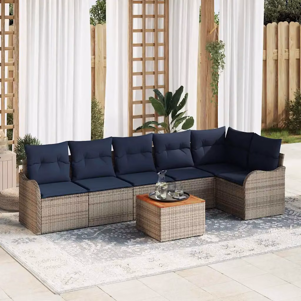 Set Divano da Giardino vidaXL 7 pz a Forma a L con Tavolino, Colore Grigio e Blu, Struttura in Acciaio e Polyrattan con Cuscini Inclusi