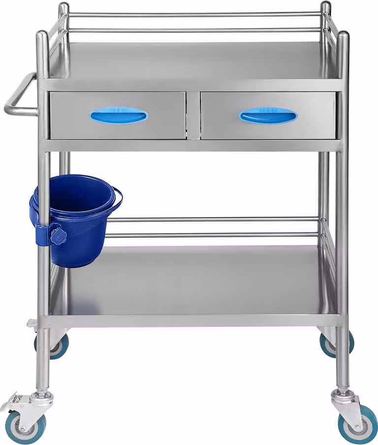SucceBuy carrello di servizio da laboratorio, carrello in acciaio inox a 2 strati, carrello per medicinali con due cassetti, carrello dentale con ruote bloccabili e secchio, per laboratorio, ospedale, uso dentale