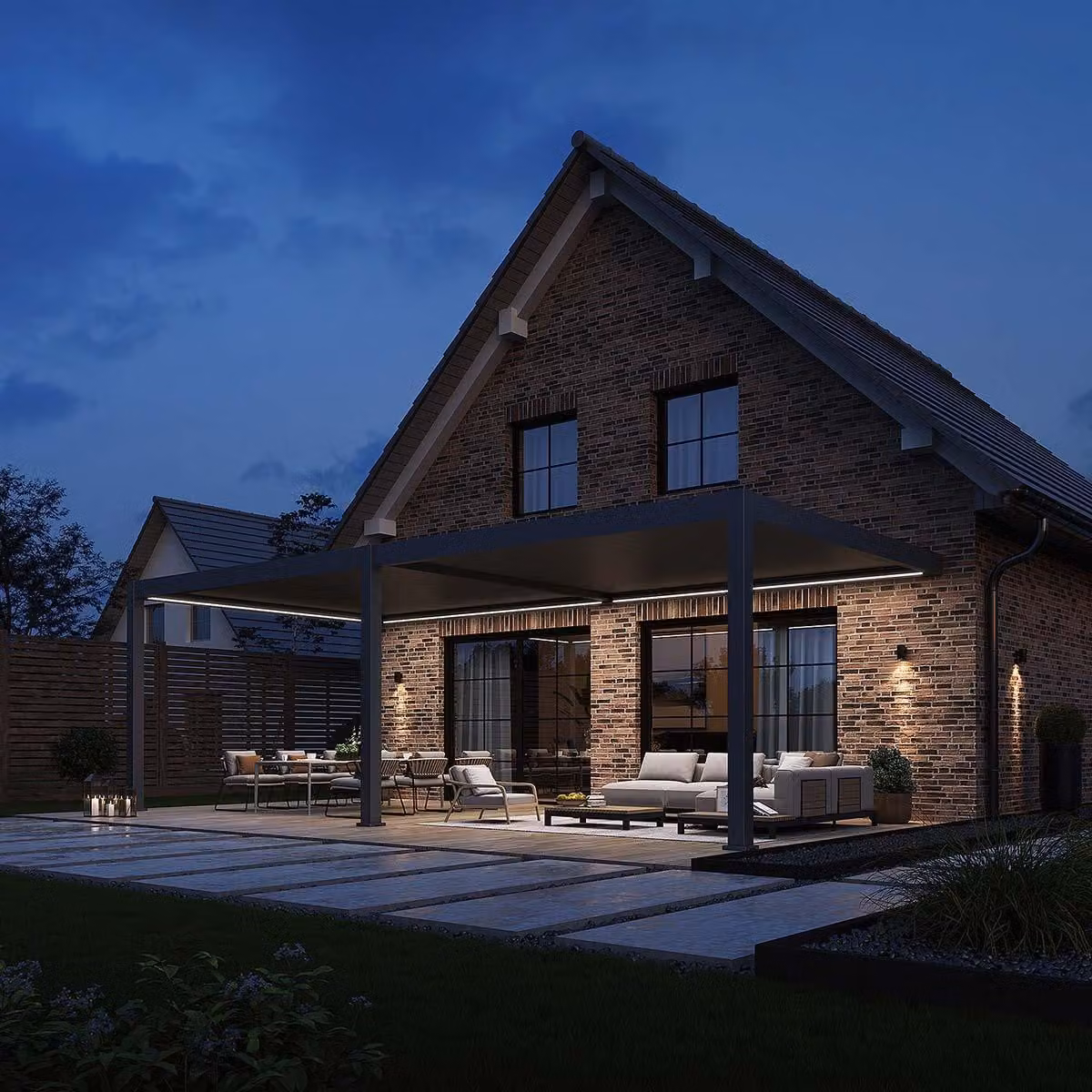 Pergola elettrica da parete Weide E-Deluxe Plus, interamente in alluminio, 4x8 m, con tetto a lamelle color antracite