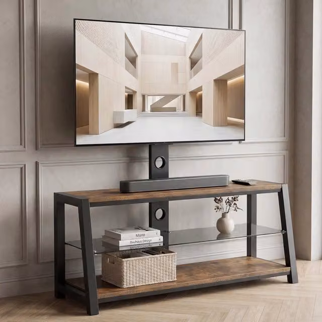 Mobile TV MINIMAL in legno marrone con vetro nero e staffa a parete L: 116 cm, P: 42 cm, H: 125 cm