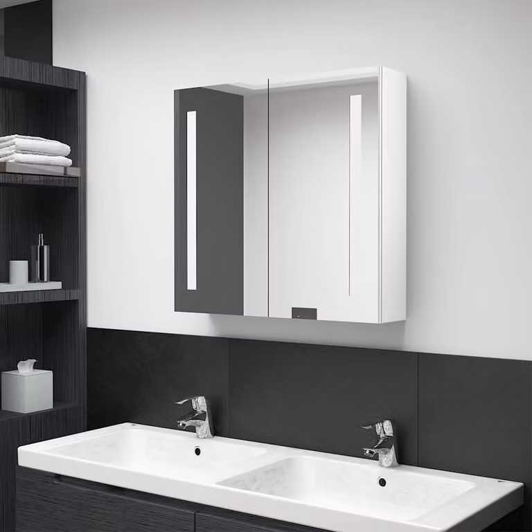 Armadietto da bagno con specchio e illuminazione LED vidaXL, Bianco lucido, L: 62 cm, P: 14 cm, H: 60 cm