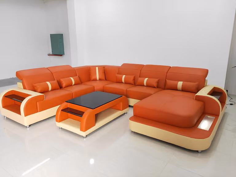 Wohnlandschaft U-Form Ledersofa Polster Ecksofa Sofa Couch Leder usb
