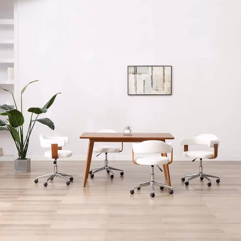 Set di 4 sedie da pranzo girevoli vidaXL in similpelle bianca e legno, regolabili in altezza con ruote per ufficio e soggiorno