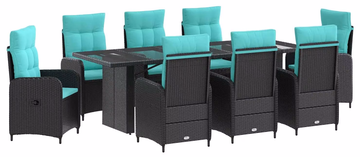 Set da tavolo da esterno, 9 pezzi, in rattan sintetico nero e turchese