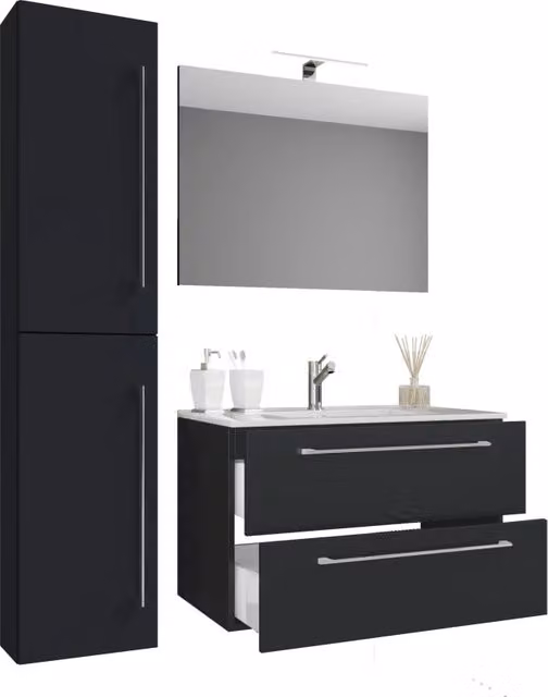 Completo Set bagno 4 Pezzi Mobile sospeso 2 casetti con Lavabo Extra large in ceramica incl 1 Colonna e specchio, Nero ,