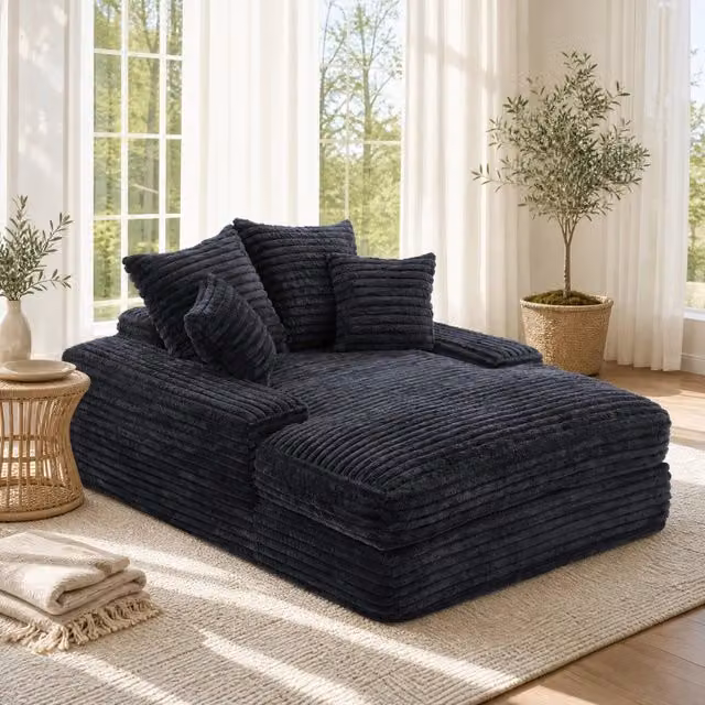 Chaise longue grigia 165x135x58 cm con 4 cuscini, senza montaggio, velluto a coste