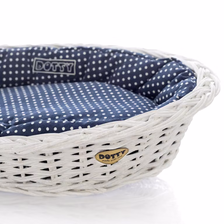 Cesto in vimini bianco sbiancato per cani Cesto Wiki con cuccia in cotone - Blu navy a pois bianchi - DOTTY