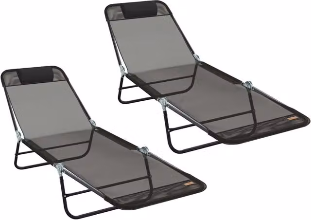 Set di 2 lettini prendisole pieghevoli in textilene nero con struttura in acciaio verniciato, L: 182 cm, P: 55 cm, H: 85,5 cm