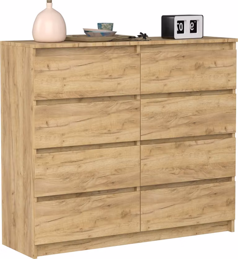 VBChome Comò con 8 cassetti in rovere 120 x 39 x 105 cm Comò senza maniglie in legno Armadio multiuso Armadio multiuso per corridoio Camera da letto