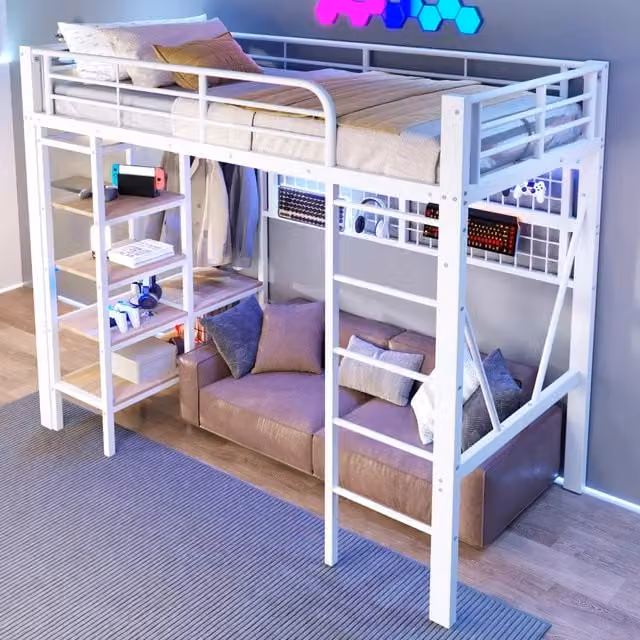 Letto a soppalco singolo 90 × 200 cm con LED regolabile, mensola, rete portaoggetti e stendibiancheria, senza materasso
