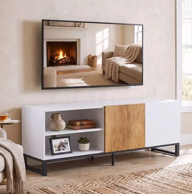 Mobile TV moderno 140 cm bianco e rovere con ripiani regolabili