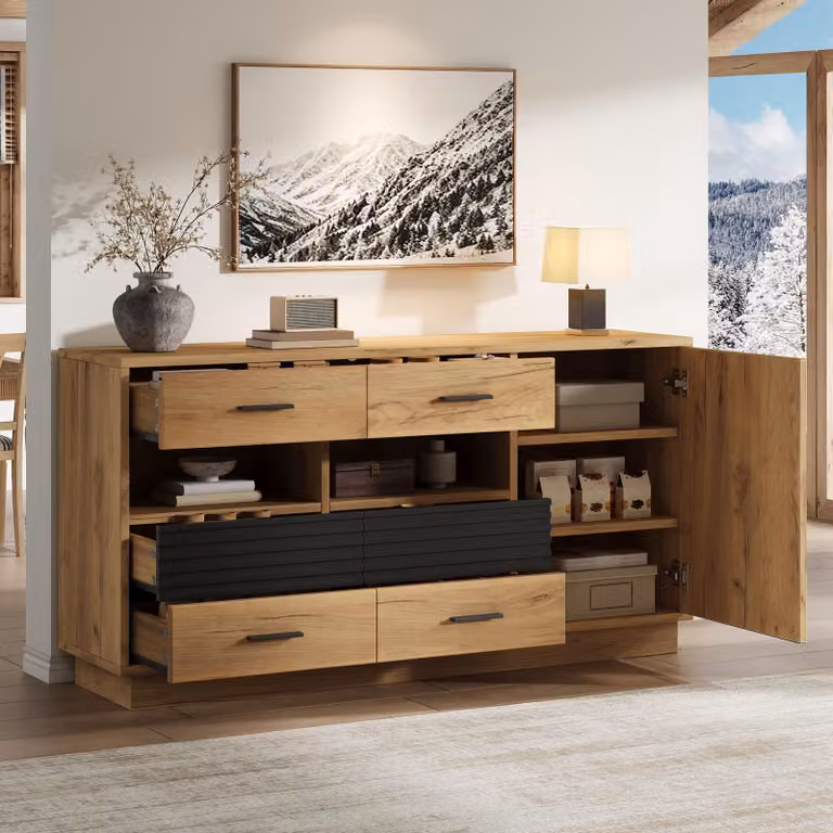 Mobile contenitore MODFU, dimensioni 140x35x70 cm, con 6 cassetti e 1 anta, credenza con 12 scomparti, realizzato in MDF con finitura effetto legno nero