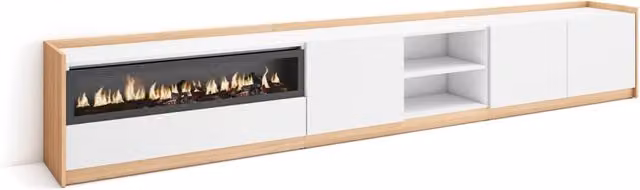 Mobile TV Soggiorno, 310x50x37 cm, Per TV fino a 80", Camino elettrico, Bianco e Rovere soft
