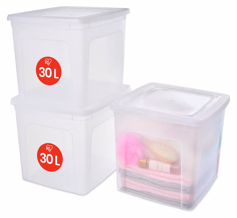 Contenitori multifunzionali Iris Ohyama, capacità 30 litri, set da 3, trasparenti, con coperchio facile da chiudere, impilabili, in plastica, ideali per armadi, scaffali, aule scolastiche, per l'organizzazione, per materiali artistici, scarpe, modello MCB