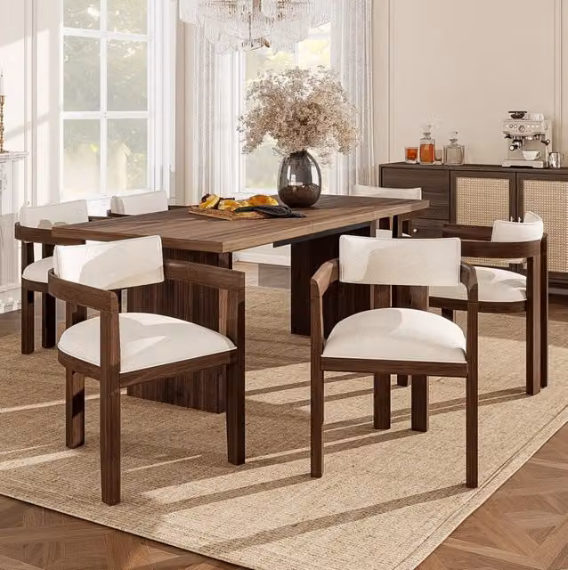 Set di 6 sedie da pranzo in legno massello con rivestimento in lino, colore noce, design moderno con braccioli per soggiorno e caffè