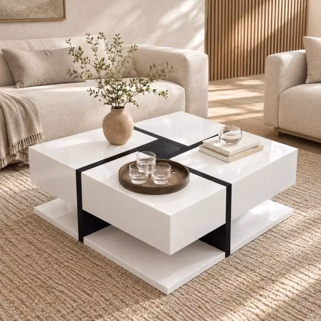 Tavolino basso 78x78x36 cm bianco e nero in pannello truciolare, 4 cassetti