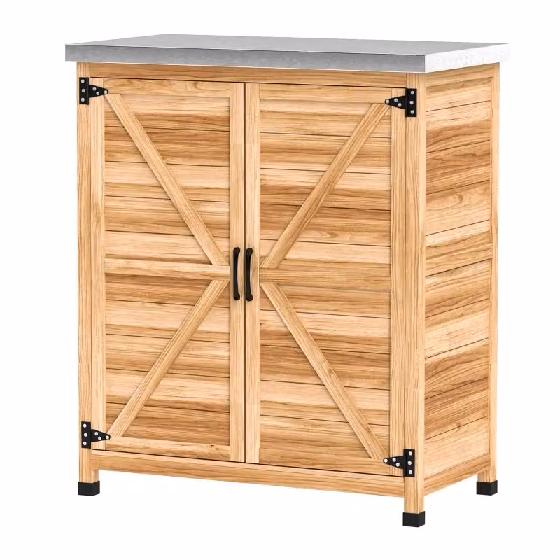 Armadio da giardino REDOM in legno di abete laccato marrone con ripiani interni e piano di lavoro L: 79 cm, P: 43 cm, H: 92 cm – 2