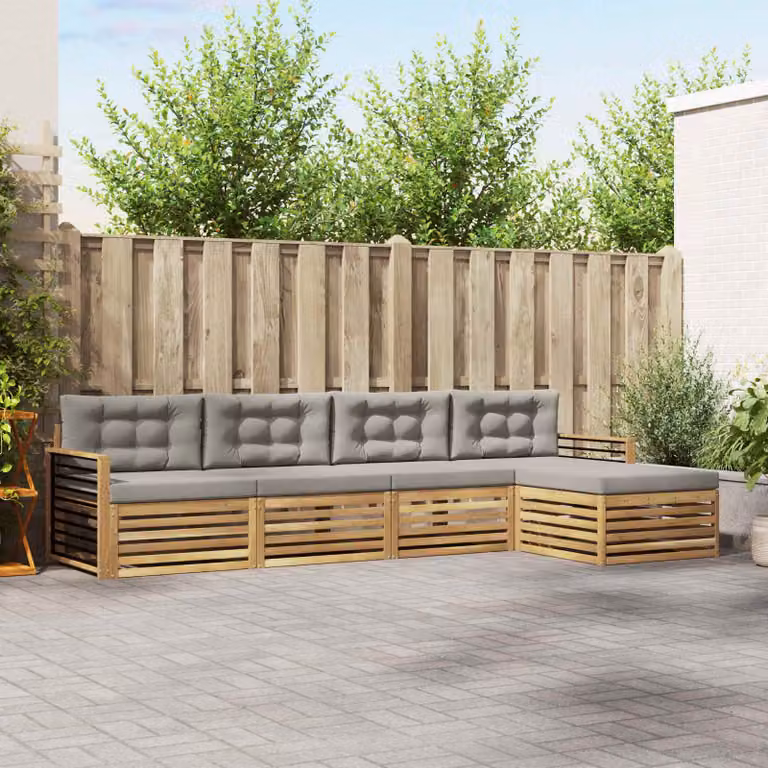 Set di divani da esterno vidaXL a forma di L con pouf, in legno di acacia e tessuto resistente ai raggi UV, Bianco e Grigio