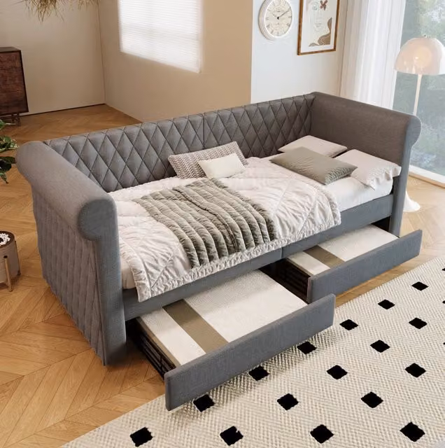 Letto con testiera vintage imbottita, 90x200 cm, letto divano con 2 cassetti contenitori, struttura in legno e lino grigio (senza materasso)